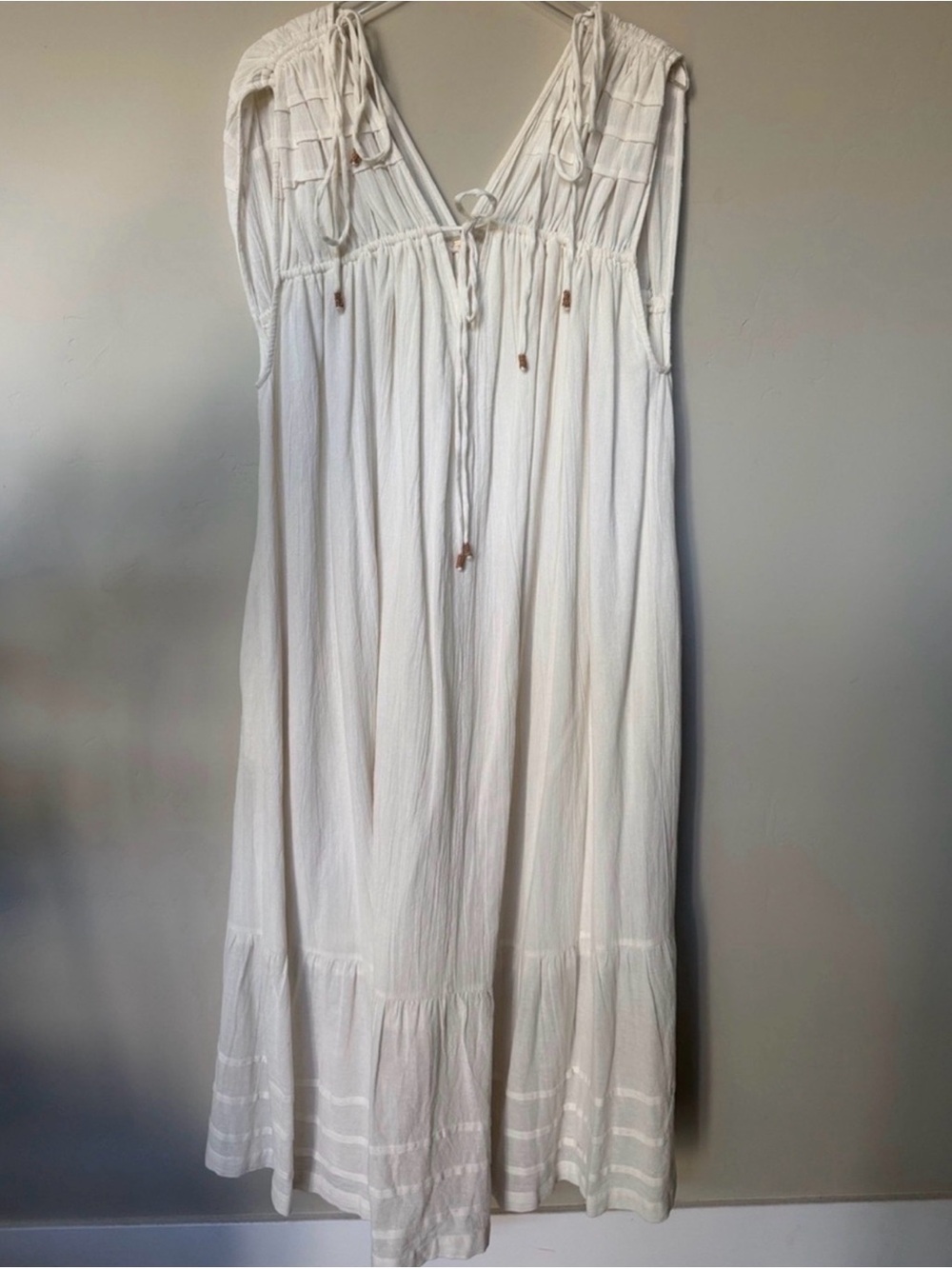 Free People Boho Coastal Flowy Ethereal Tiered Off White Maxi Dress w Pocket s L